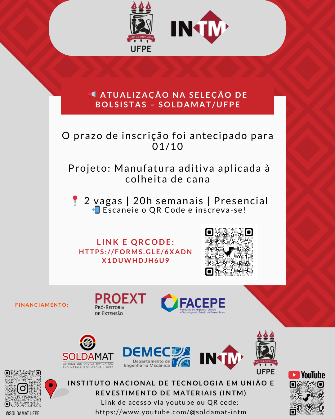 Alteração no Processo de Seleção de Bolsistas de Extensão – SOLDAMAT/UFPE